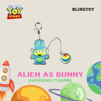 Disney Pixar Toy Story Alien as Bunny hanging charm, featuring a silver-tone bunny-shaped charm with a green and blue enamel face and a small round ball charm, shown on a beige background with Toy Story branding and colorful space-themed graphics.