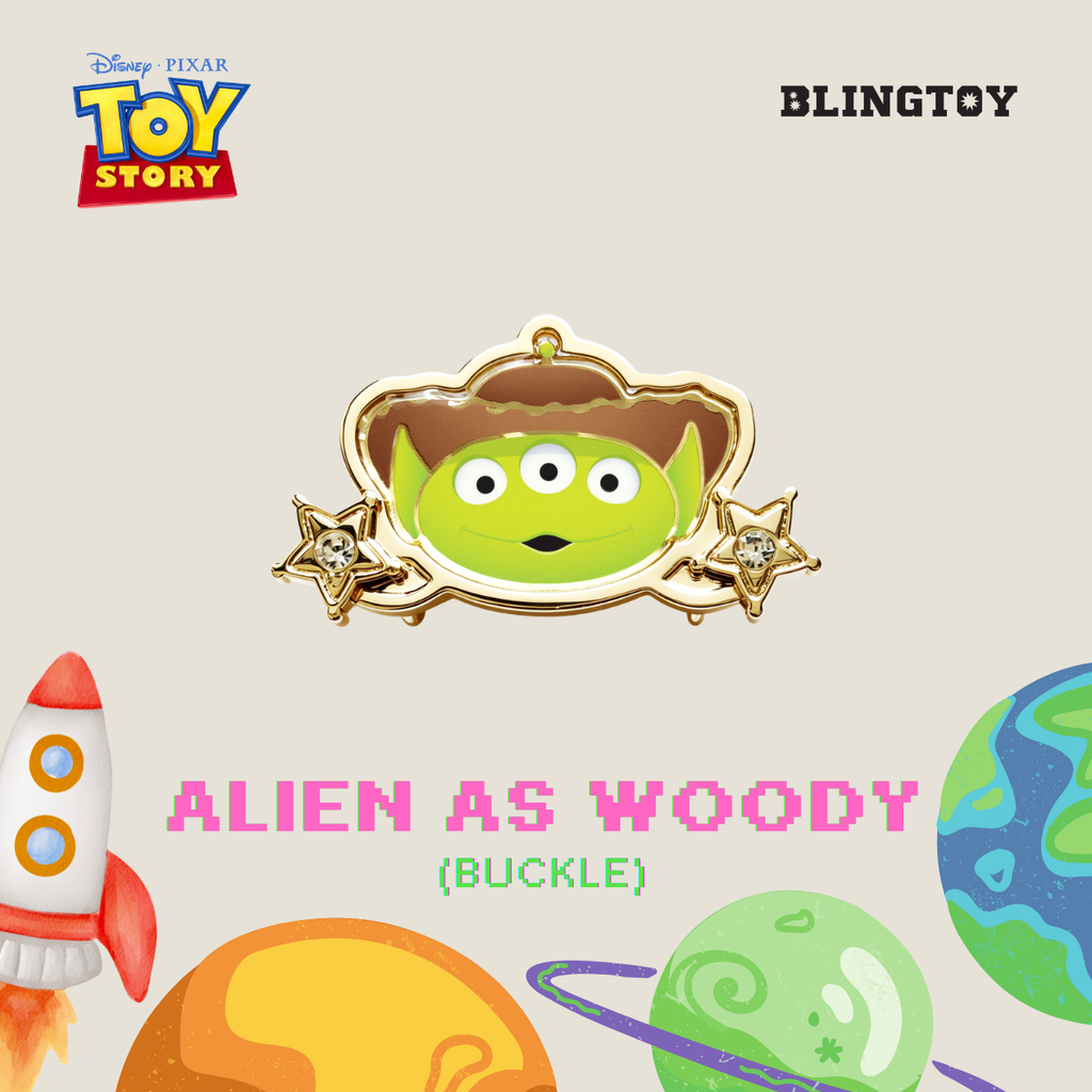 Disney Pixar Toy Story Alien as Woody Buckle pin on a beige background with Toy Story and Blingtoy branding, surrounded by colorful space-themed graphics.