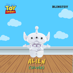 A silver Disney Pixar Toy Story Alien plush toy centered against a blue sky and clouds background with a wooden floor. Visible text includes Disney Pixar Toy Story, BLINGTOY, and ALIEN (SILVER).