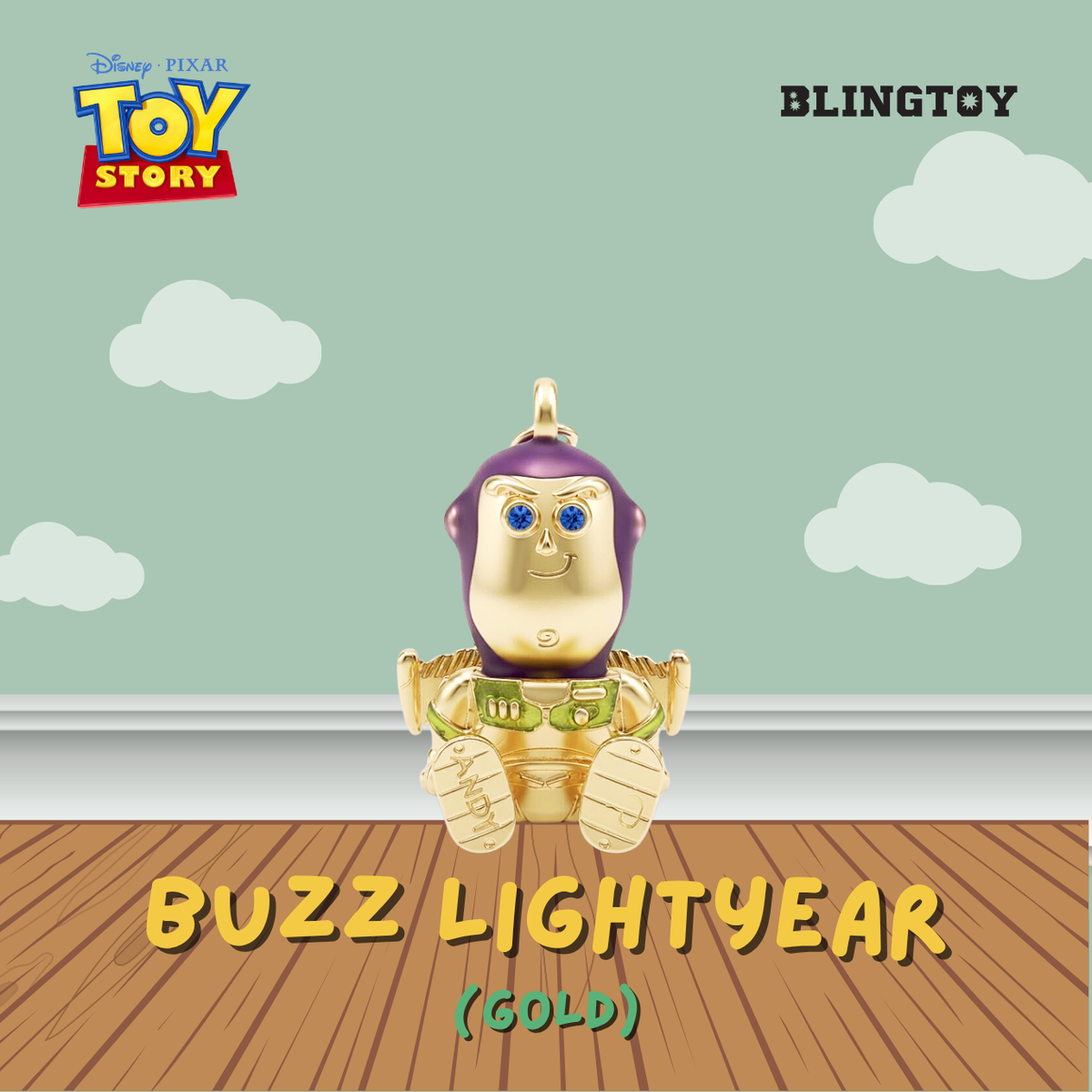 A gold Buzz Lightyear pendant charm from Disney Pixar Toy Story, displayed against a light green wall with white clouds and a wooden floor. The image features the 'Disney Pixar Toy Story' logo on the top left, 'BLINGTOY' on the top right, and 'BUZZ LIGHTYEAR (GOLD)' on the bottom.