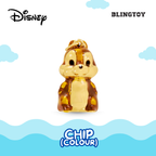 A translucent amber-brown and cream chip-shaped pendant or charm from Blingtoy Disney, shown against a white background with blue wavy accents and text labels.