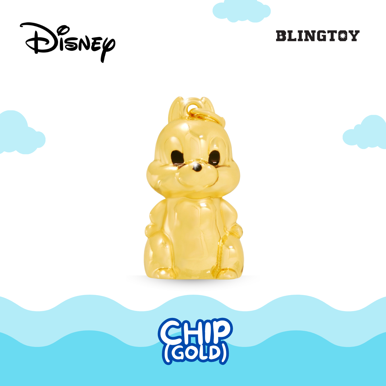 A shiny gold Chip character pendant charm from Blingtoy, featuring a glossy translucent finish and a small top loop, shown against a white background with blue cloud and wave graphics, and Disney branding.