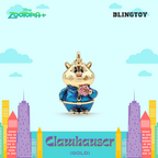 A gold-plated Clauhauser cat charm pendant with a blue enamel outfit and pink flower detail, centered on a light blue background with cartoon clouds, stylized city buildings, Disney Zootopia+ branding, and the text 'BLINGTOY' and 'Clauhauser (GOLD)'.