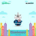 A silver Clauhauser character pendant charm from Disney Zootopia+ and Blingtoy, featuring a silver cat in a blue outfit with a pink gem, set against a stylized light blue sky and cityscape background.