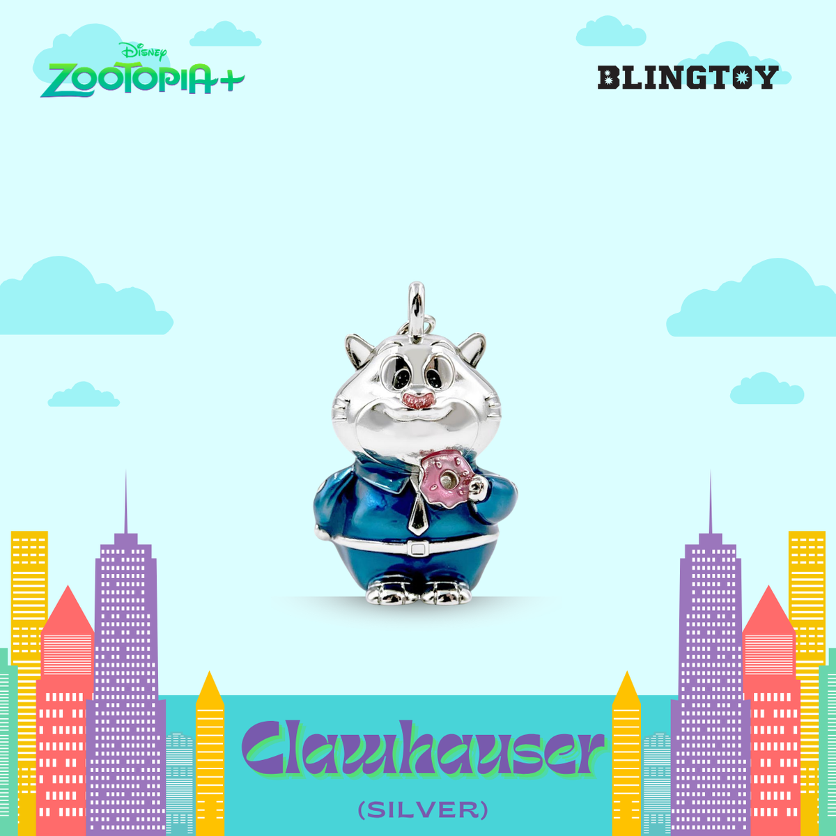A silver Clauhauser character pendant charm from Disney Zootopia+ and Blingtoy, featuring a silver cat in a blue outfit with a pink gem, set against a stylized light blue sky and cityscape background.