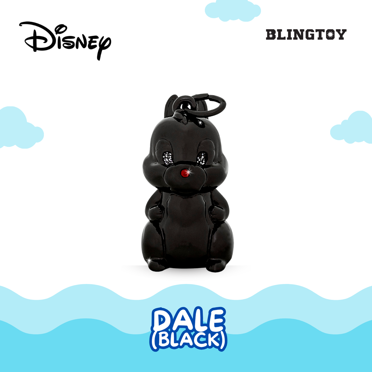 A glossy black Disney Dale character keychain or bag charm with a small red nose detail, shown centered on a white background with blue cloud and wave graphics. Visible text includes Disney, BLINGTOY, and DALE (BLACK).