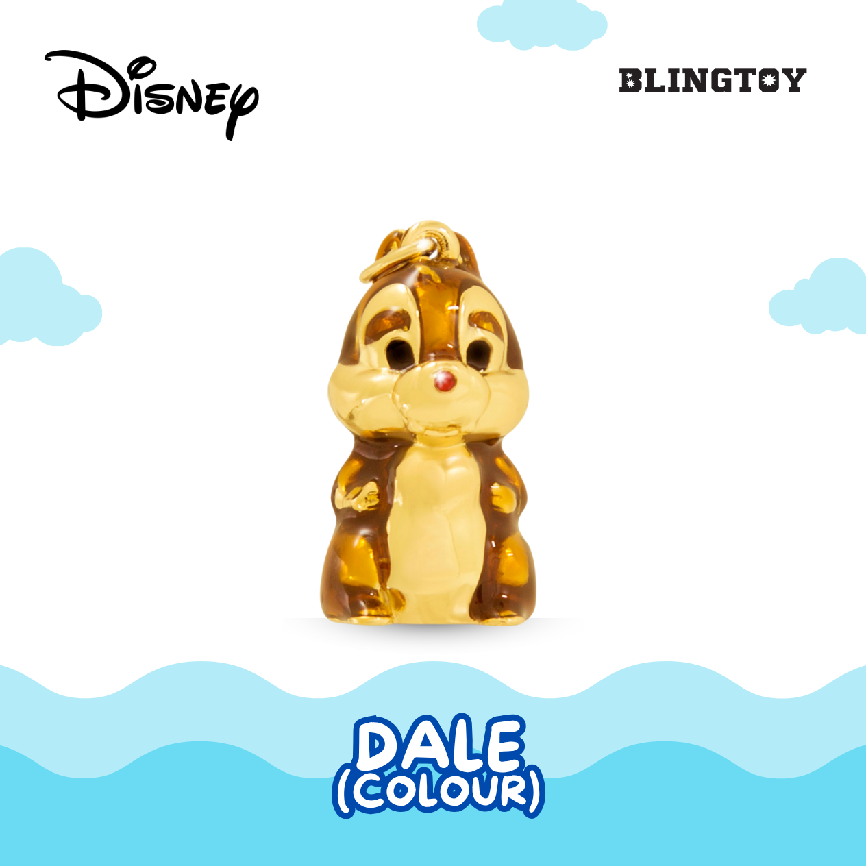 A translucent amber-brown and gold Disney Dale chipmunk figurine with a small red nose, centered on a white background with blue cloud and wave graphics. The Disney logo appears at top left, BLINGTOY at top right, and 'DALE (COLOUR)' is printed at the bottom.