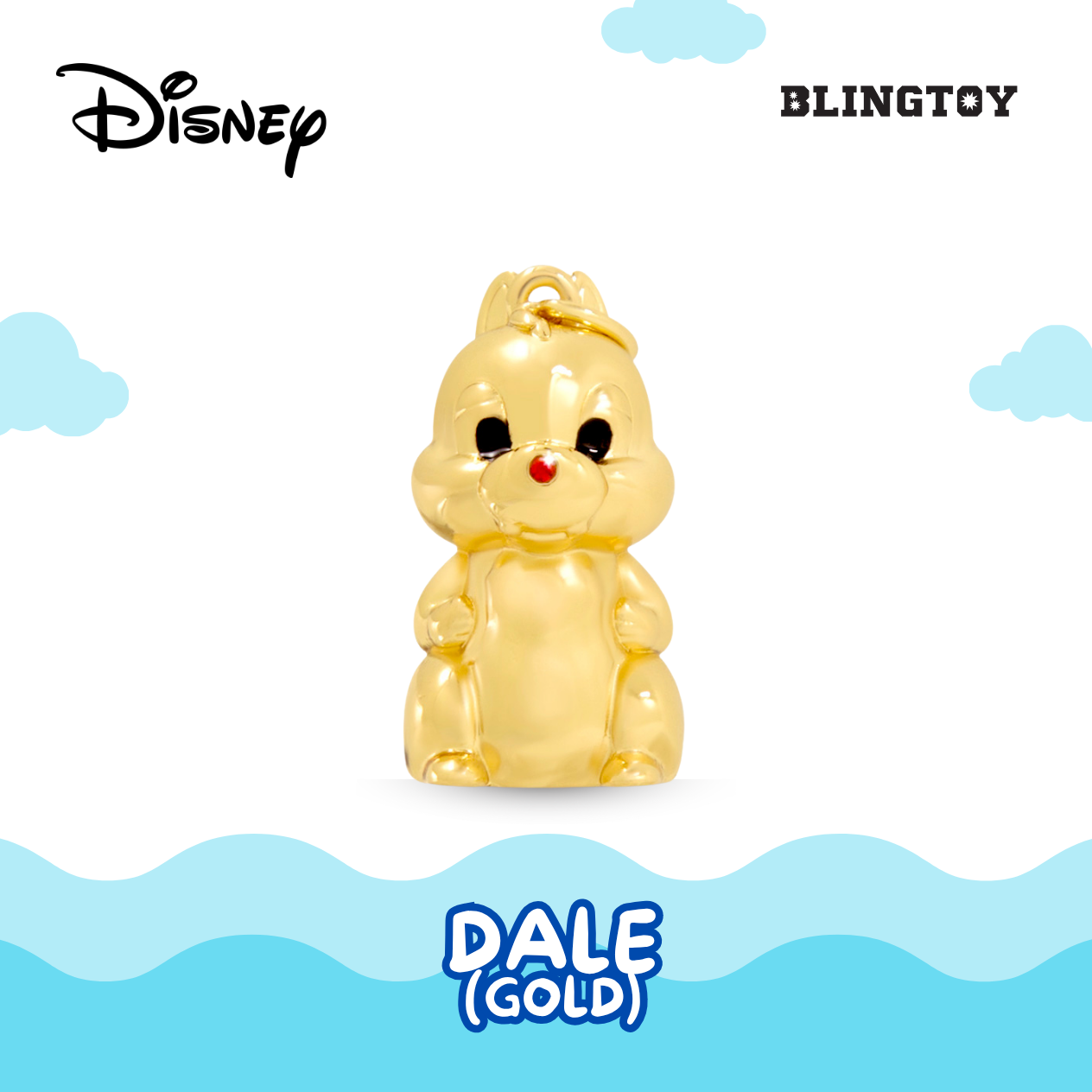 A shiny gold Disney Dale charm pendant, featuring a small chipmunk design with black eyes, a red nose, and a gold loop at the top. The image includes 'Disney' and 'BLINGTOY' logos and 'DALE (GOLD)' text on a white background with light blue cloud and wave graphics.