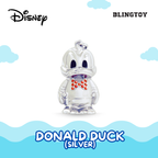 A silver Donald Duck charm pendant with a red polka-dot bow tie, shown against a white background with light blue clouds and wavy lines. The Disney and BLINGTOY logos are visible in the top corners, and 'DONALD DUCK (SILVER)' is written at the bottom.