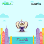 A gold and purple enamel charm of a cartoon elephant named Finnick, displayed against a stylized light blue sky background with cartoon clouds and city buildings. The Disney Zootopia+ and Blingtoy logos are visible in the top corners.