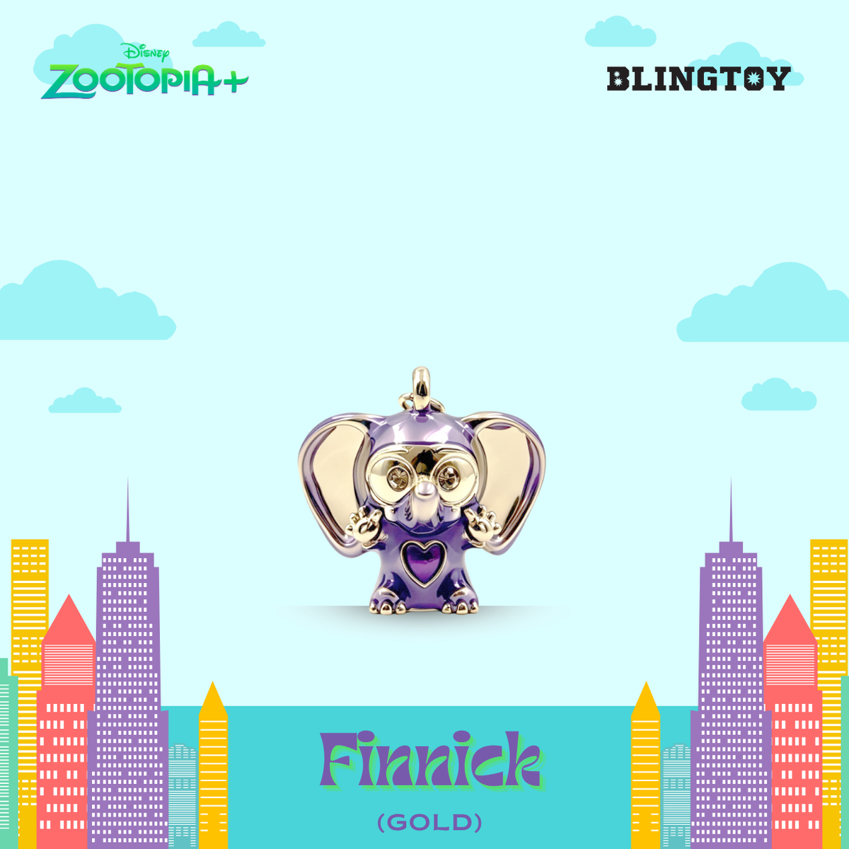 A gold and purple enamel charm of a cartoon elephant named Finnick, displayed against a stylized light blue sky background with cartoon clouds and city buildings. The Disney Zootopia+ and Blingtoy logos are visible in the top corners.