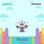 A silver and purple elephant charm pendant labeled 'Finnick (SILVER)' from Blingtoy Disney Zootopia+, shown against a stylized light blue sky background with clouds and colorful city buildings.
