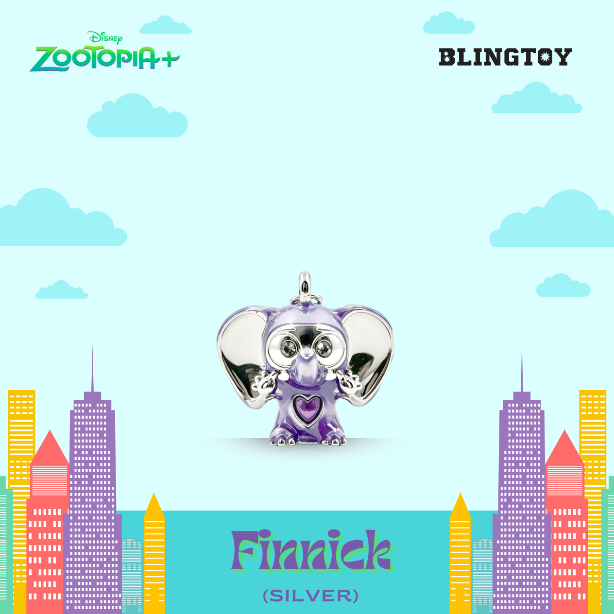 A silver and purple elephant charm pendant labeled 'Finnick (SILVER)' from Blingtoy Disney Zootopia+, shown against a stylized light blue sky background with clouds and colorful city buildings.