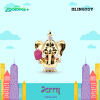 A gold-plated Disney Zootopia character charm of Jerry the elephant holding a pink heart, presented on a stylized light blue background with cartoon clouds and city buildings. The image features 'Disney Zootopia+' branding in the top left, 'BLINGTOY' in the top right, and 'Jerry (GOLD)' at the bottom.