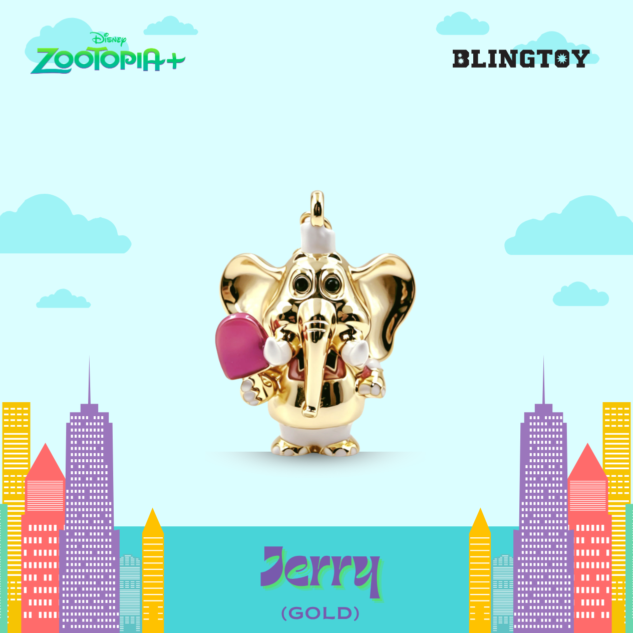 A gold-plated Disney Zootopia character charm of Jerry the elephant holding a pink heart, presented on a stylized light blue background with cartoon clouds and city buildings. The image features 'Disney Zootopia+' branding in the top left, 'BLINGTOY' in the top right, and 'Jerry (GOLD)' at the bottom.
