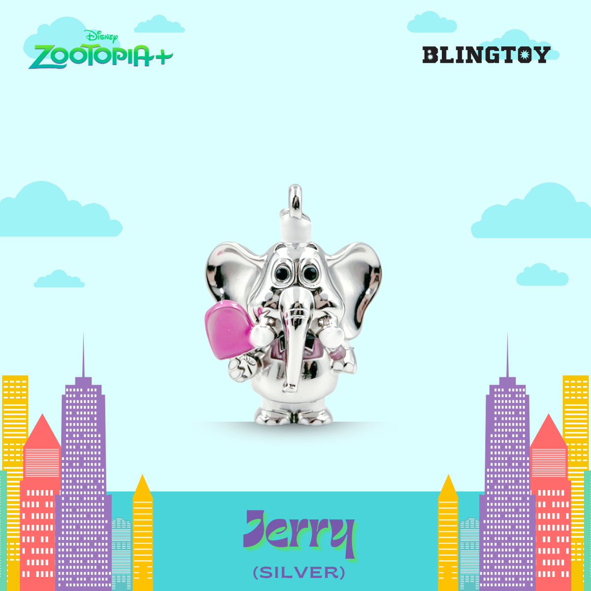 A silver elephant charm pendant with a pink heart, shown against a light blue cartoon sky background with stylized city buildings and text reading 'Disney Zootopia+' and 'BLINGTOY'.