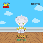 A silver charm shaped like Jessie from Toy Story, sitting on a wooden floor against a blue sky background with clouds. The image includes 'Disney Pixar Toy Story' branding, 'BLINGTOY' text, and 'JESSIE (SILVER)' text.