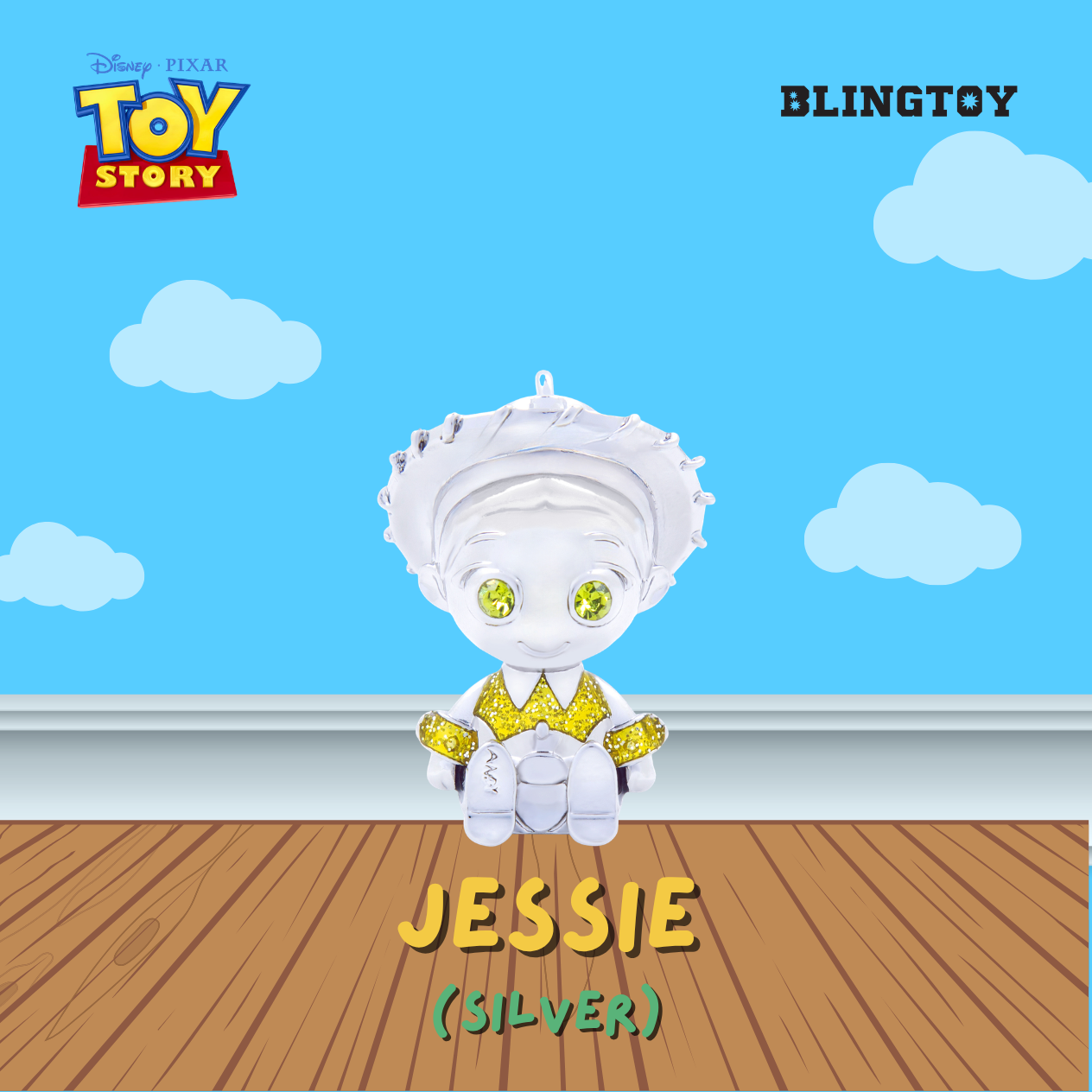 A silver charm shaped like Jessie from Toy Story, sitting on a wooden floor against a blue sky background with clouds. The image includes 'Disney Pixar Toy Story' branding, 'BLINGTOY' text, and 'JESSIE (SILVER)' text.