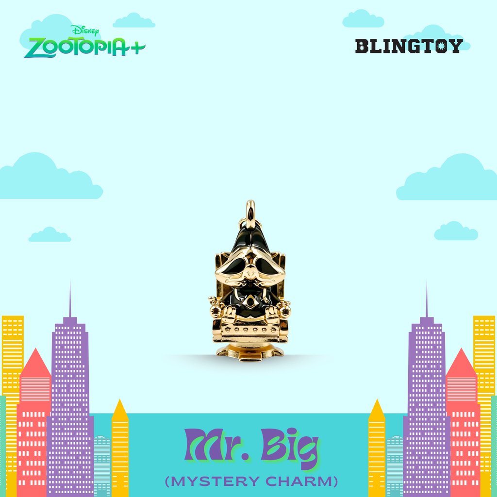 A gold and black enamel charm shaped like Mr. Big from Disney Zootopia, centered on a light blue background with cartoon clouds, stylized city buildings, and branding text for Disney Zootopia+ and Blingtoy.