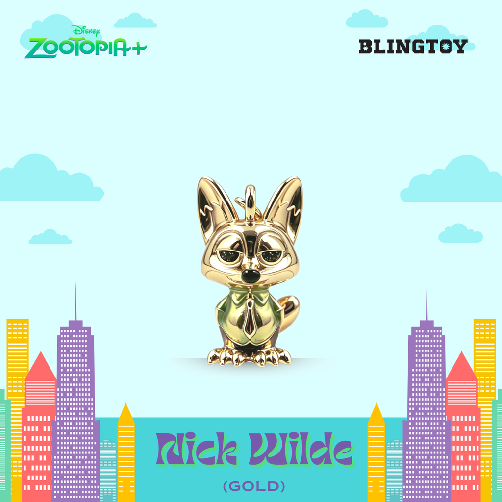 A gold-colored Blingtoy 'Nick Wilde' collectible figure from Disney Zootopia+ is centered against a stylized light blue sky background with cartoon clouds and colorful city buildings. The Disney Zootopia+ logo is in the top-left, and the Blingtoy brand name is in the top-right.