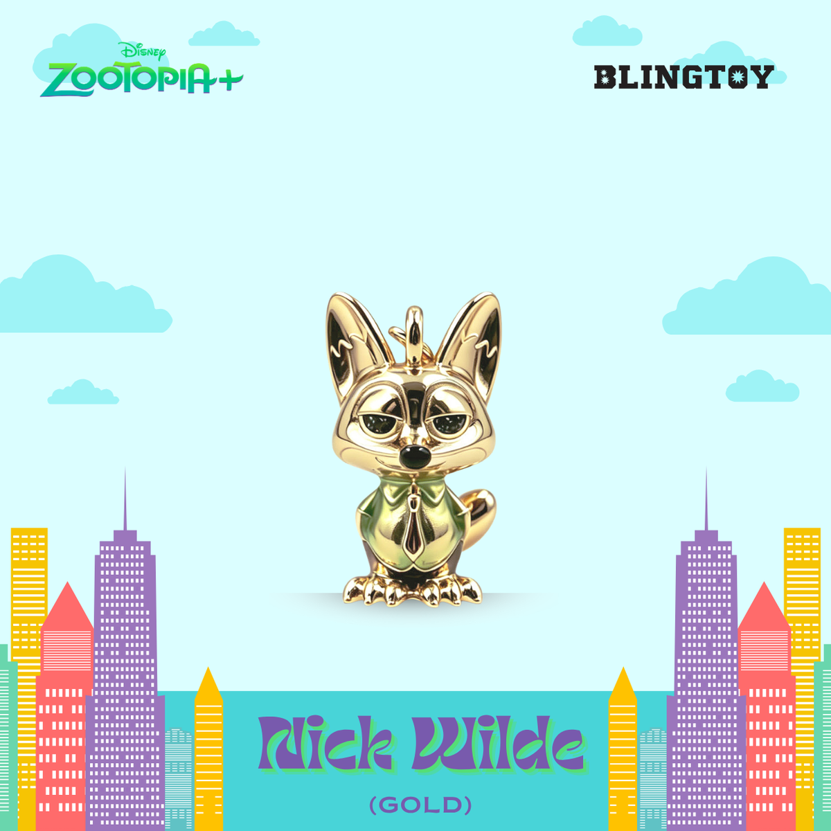 A gold-colored Blingtoy 'Nick Wilde' collectible figure from Disney Zootopia+ is centered against a stylized light blue sky background with cartoon clouds and colorful city buildings. The Disney Zootopia+ logo is in the top-left, and the Blingtoy brand name is in the top-right.