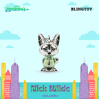 A silver-tone Zootopia 'Nick Wilde' charm pendant featuring a green enamel bow tie, centered on a light blue background with cartoon clouds and stylized city buildings. Disney Zootopia+ branding appears in the top left, 'BLINGTOY' in the top right, and 'Nick Wilde (SILVER)' is written at the bottom.