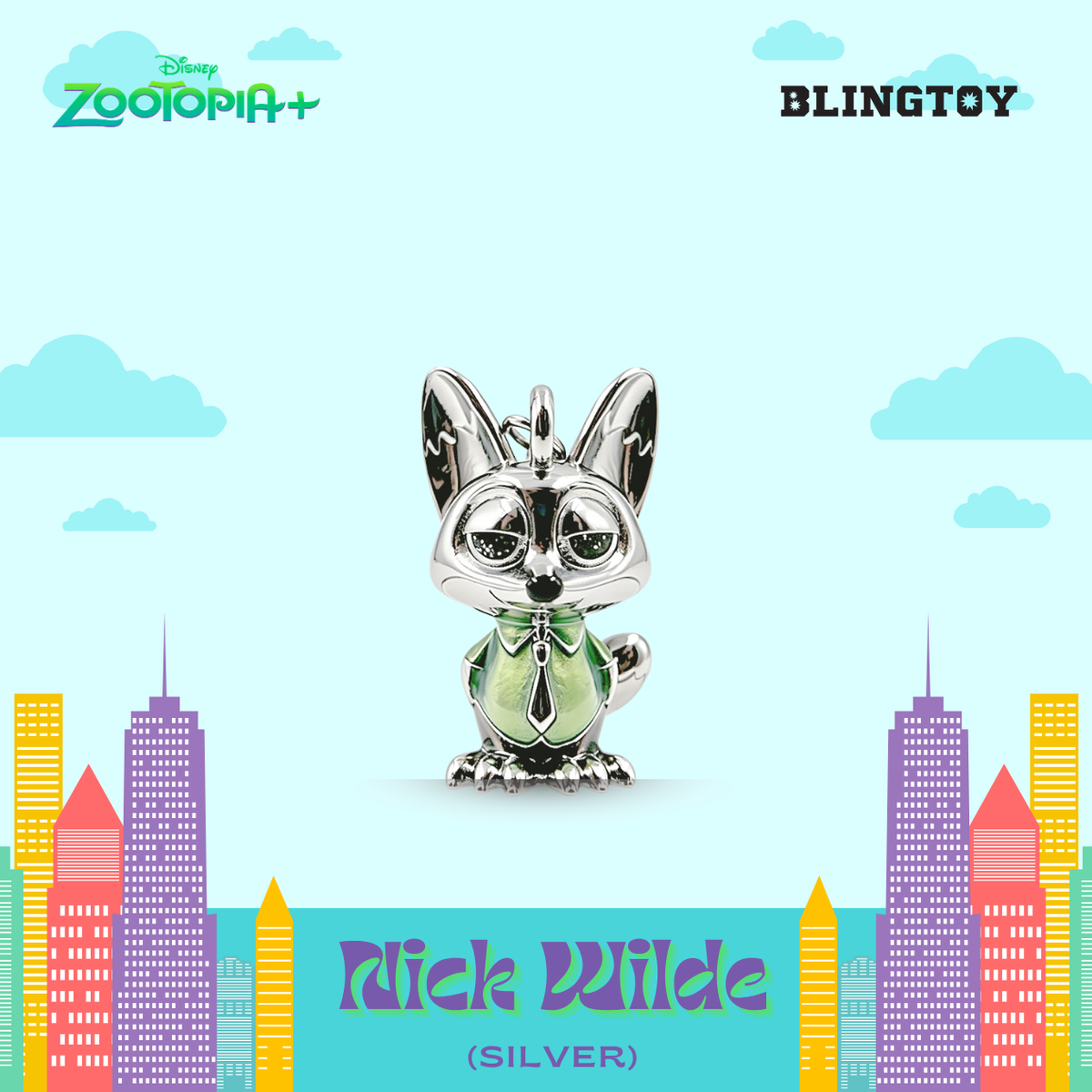 A silver-tone Zootopia 'Nick Wilde' charm pendant featuring a green enamel bow tie, centered on a light blue background with cartoon clouds and stylized city buildings. Disney Zootopia+ branding appears in the top left, 'BLINGTOY' in the top right, and 'Nick Wilde (SILVER)' is written at the bottom.