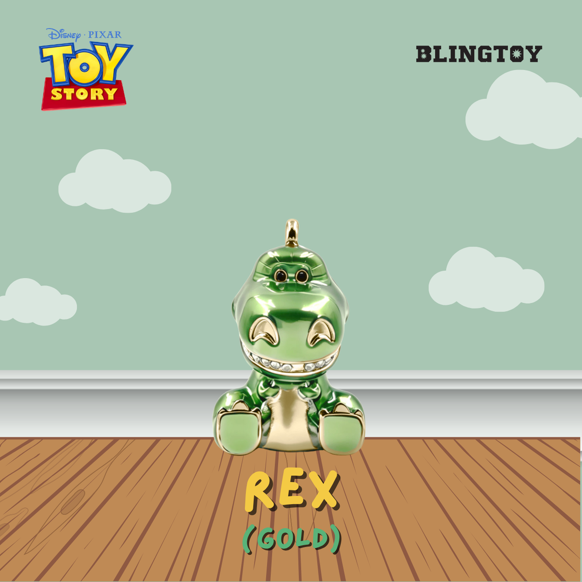 A green and gold enamel pendant of Disney Pixar Toy Story Rex the T-Rex dinosaur, displayed on a wooden floor against a mint green wall with white clouds. The image features the 'Disney Pixar Toy Story' logo on the top left, 'BLINGTOY' on the top right, and 'REX (GOLD)' on the bottom.