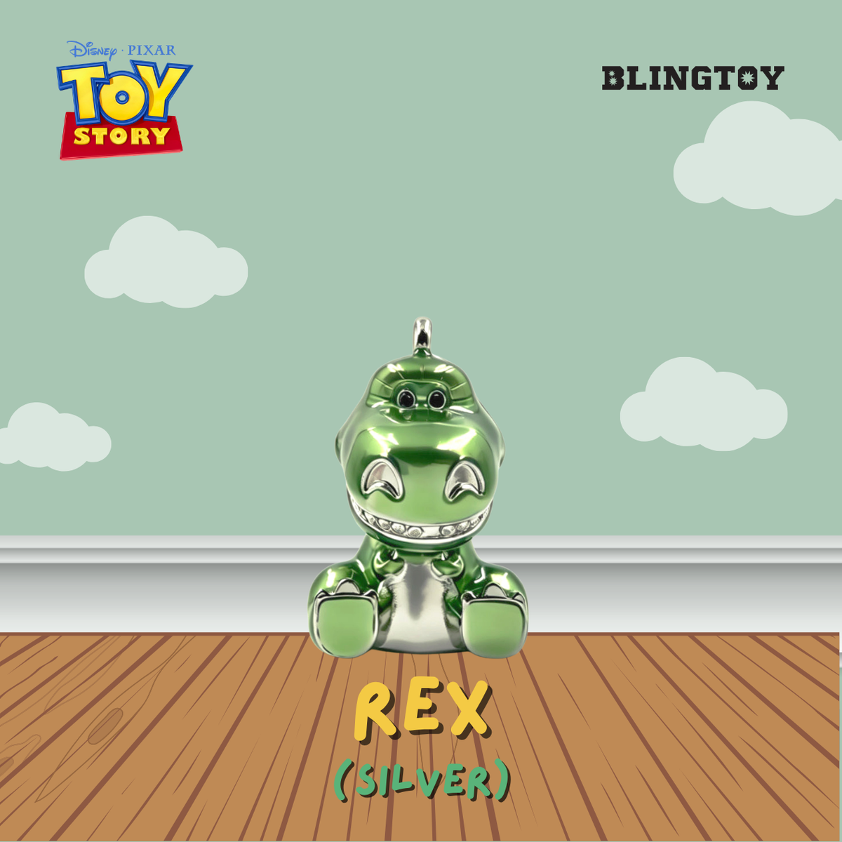 A metallic silver and green Rex dinosaur ornament from Disney Pixar Toy Story, displayed on a wooden floor against a light green wall with white clouds. The image features the 'BLINGTOY' brand logo in the top right and the 'Disney Pixar Toy Story' logo in the top left.