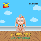 A Disney Pixar Toy Story Slinky Dog charm pendant in a metallic rose gold finish, displayed against a blue sky and wooden floor background with 'BLINGTOY' branding.