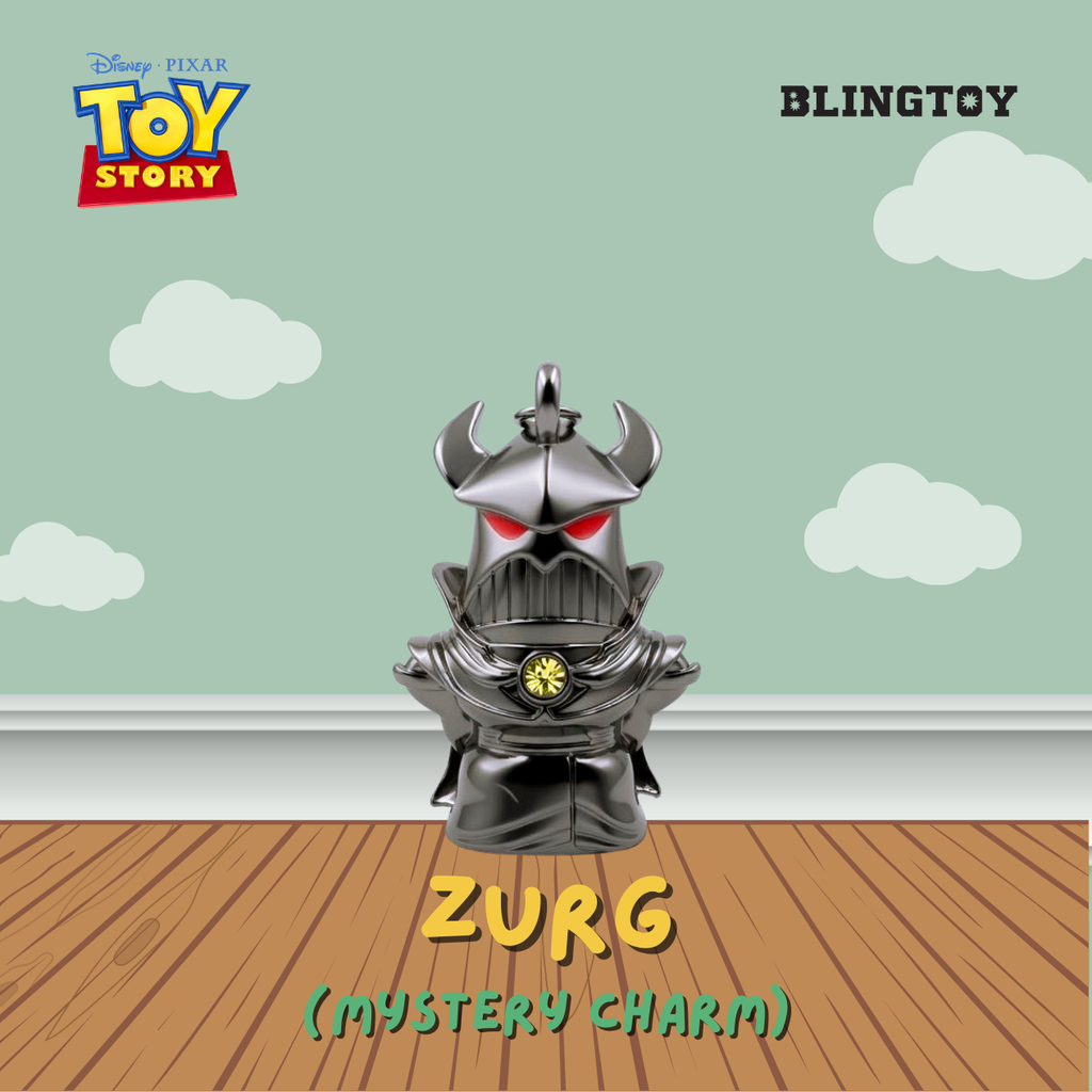 A toy figurine of the Disney Pixar Toy Story character Zurg, styled as a dark metallic armored bust with glowing red eyes and a yellow chest emblem, set against a light green sky and wood floor background. The image features 'Disney Pixar Toy Story' and 'BLINGTOY' brand logos.