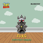 A toy figurine of the Disney Pixar Toy Story character Zurg, styled as a dark metallic armored bust with glowing red eyes and a yellow chest emblem, set against a light green sky and wood floor background. The image features 'Disney Pixar Toy Story' and 'BLINGTOY' brand logos.